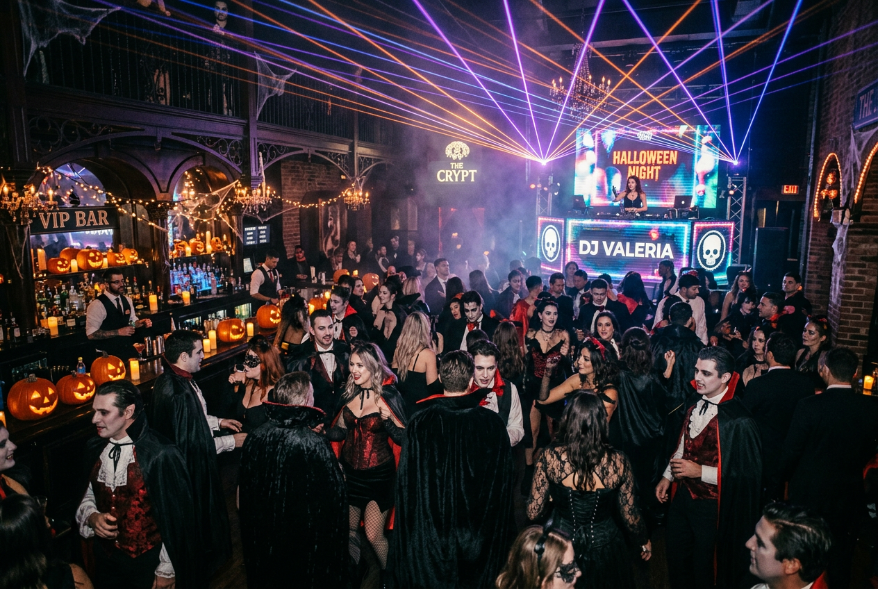 Nattklubb med vampyrer på dansgolvet, lasrar och pumpor